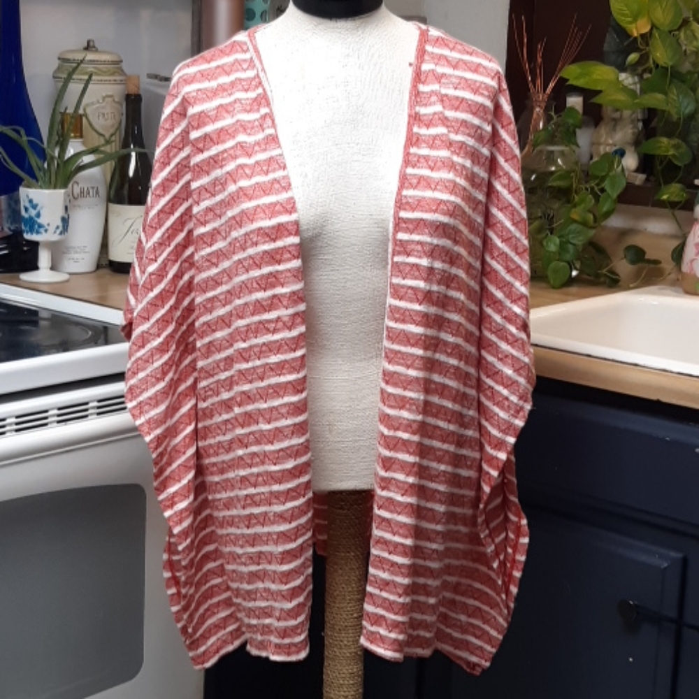 TIME And Tru Open front Cardigan Sweater Plus B26 Red  White Horizontal Stripes